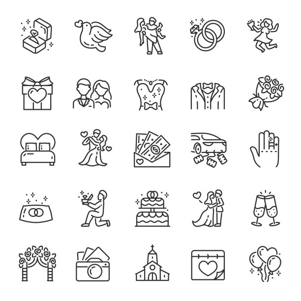 婚礼,图标集。婚姻,线性图标。做一个报价。线。可编辑的中风图片下载