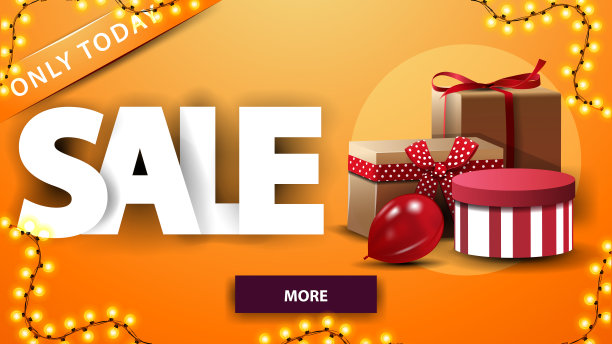 橙色折扣横幅与花环，礼物和按钮图片下载