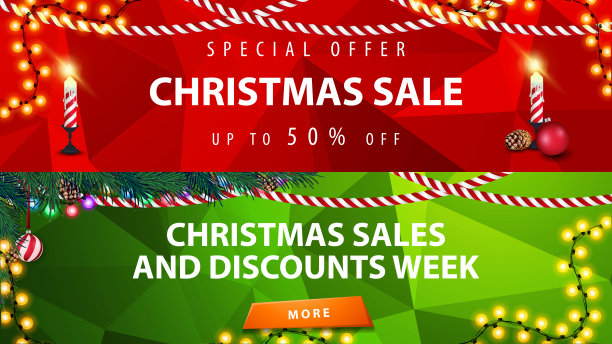 圣诞折扣横幅。带有圣诞装饰的红色和绿色模板图片下载