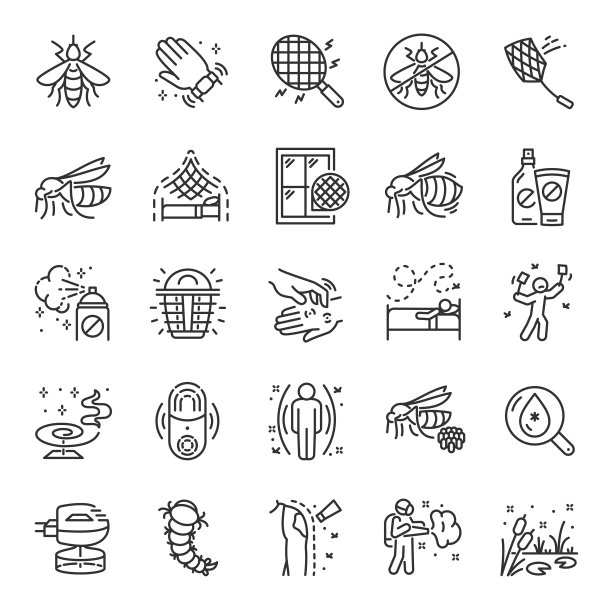 蚊子,图标集。驱蚊，保护，线性图标。手镯，瓶子，喷雾，霜，蚊帐。线。可编辑的中风图片下载