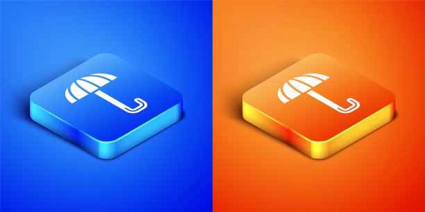 等距经典优雅的打开伞图标孤立在蓝色和橙色的背景。雨保护的象征。方形按钮。向量图片下载