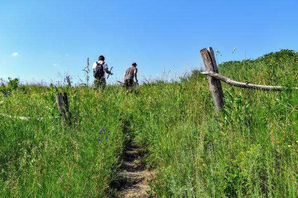草木茂盛的小山上有台阶的土路，山顶上有两个模糊的男性剪影图片下载
