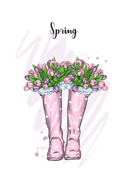 一束郁金香插在一双漂亮的胶靴里。矢量插图。春天的花。图片下载
