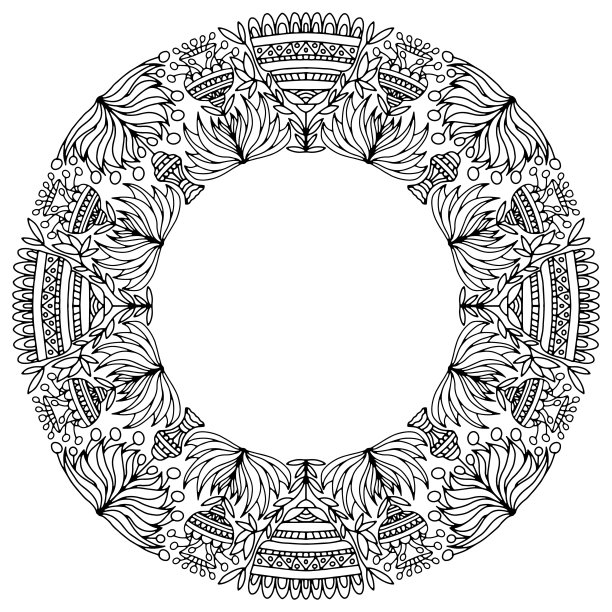 在白色背景上绘有民间花饰的花环，矢量图片下载