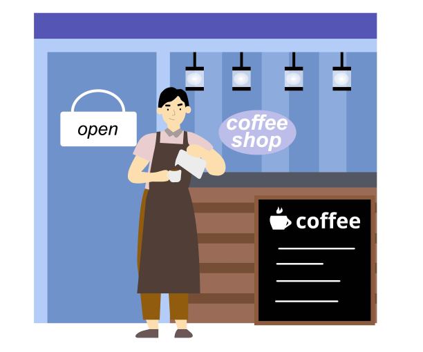 舒适的咖啡店和咖啡师的工作形式，一个矢量图形图片下载