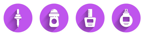 集移液器，止汗除臭辊，指甲油瓶和香水图标与长阴影。向量图片下载