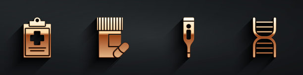 设置医疗剪贴板与临床记录，药瓶和药丸，医疗数字温度计和DNA符号图标与长影子。向量图片下载