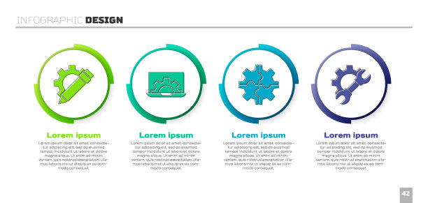设置铅笔和齿轮，笔记本电脑和齿轮，齿轮和扳手扳手和齿轮。业务信息模板。向量图片下载