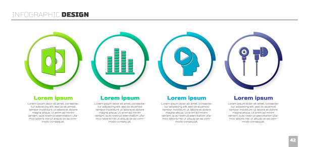 设置黑胶播放器与黑胶光盘，音乐均衡器，头部人与播放按钮和空气耳机。业务信息图模板。向量图片下载