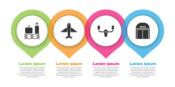 设置机场传送带，包括手提箱、飞机、飞机方向盘和机库。业务信息模板。向量图片下载