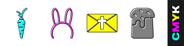 设置胡萝卜，面具与长兔子耳朵，贺卡与快乐复活节和复活节蛋糕图标。向量图片下载