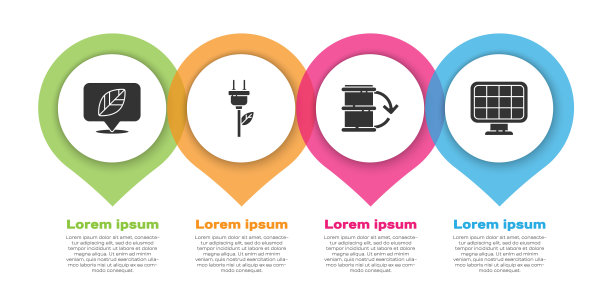设置位置与叶片，省电插头在叶片，生态燃料桶和太阳能电池板。业务信息模板。向量图片下载