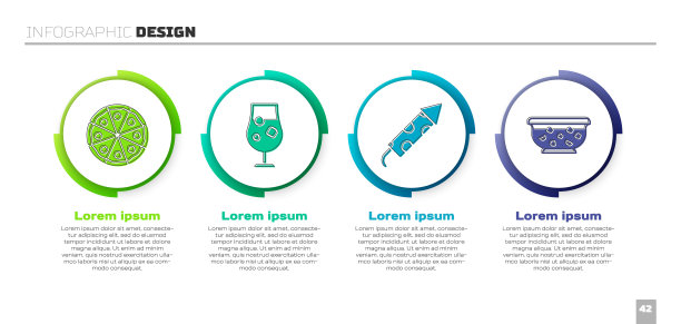 披萨，鸡尾酒和酒精饮料，烟火火箭和混合潘趣酒在碗里。业务信息模板。向量图片下载