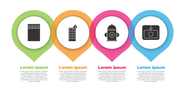 设置打开火柴盒和火柴，在燃烧的建筑物火灾，消火栓和火灾报警系统。业务信息图模板。向量图片下载