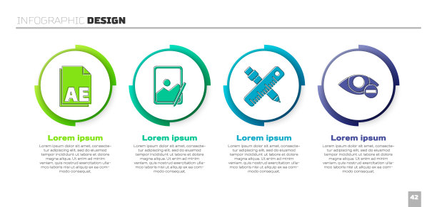 设置AE文件文件，图形板，划线尺和铅笔和红眼效果。业务信息模板。向量图片下载