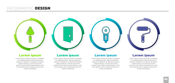 设置抹刀，闭式门，角磨机和漆辊刷。业务信息图模板。向量图片下载