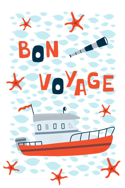 海上儿童海报与摩托艇和字母Bon voyage在卡通风格。儿童印花的可爱概念。插图设计明信片，纺织品，服装。向量图片下载