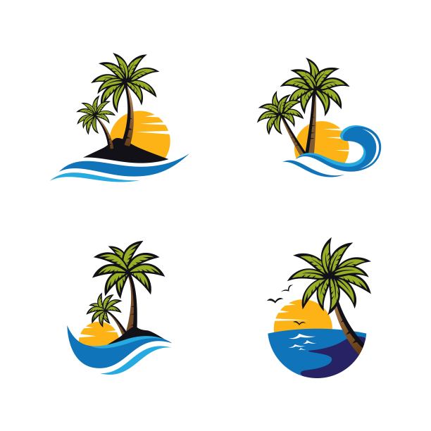 日落海滩标志矢量图标插图图片下载