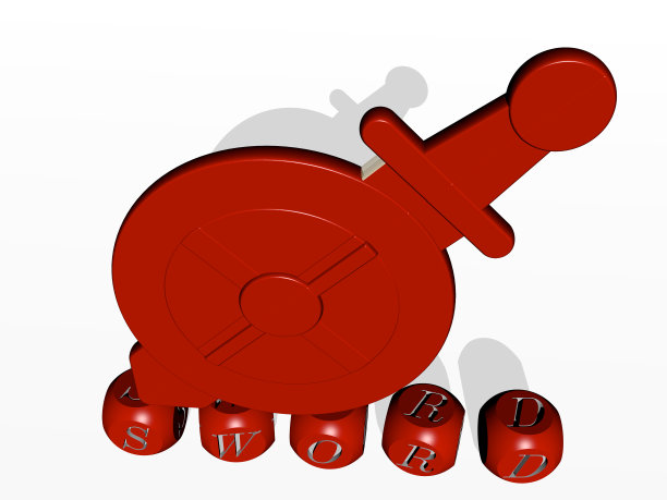 剑垂直的3D图形图像，以及由金属立方体字母从顶部视角构建的文本，非常适合概念演示和幻灯片。插图和背景图片下载