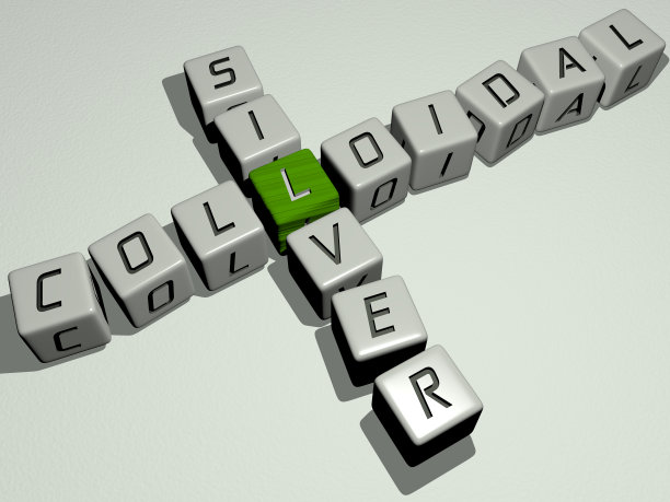 营养补品:胶体银由骰子字母和颜色交叉组合而成的相关含义的概念。背景和插图。三维演示图片下载