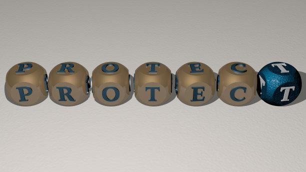 从顶部角度看，由立方体字母构成的PROTECT组合，非常适合概念展示。插图和背景。三维演示图片下载