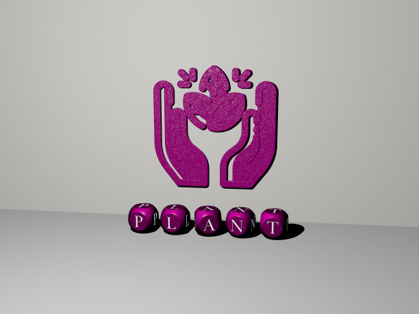 植物图形的3D插图和文字制作的金属骰子字母的相关含义的概念和表示。背景和绿色图片下载