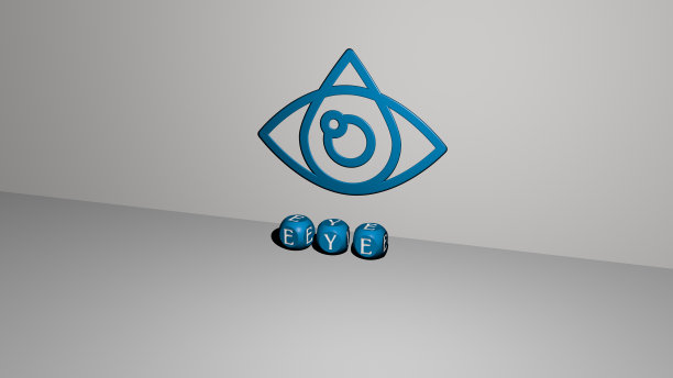 3D插图眼图形和文字制作的金属骰子字母的相关含义的概念和表示。背景和美丽图片下载