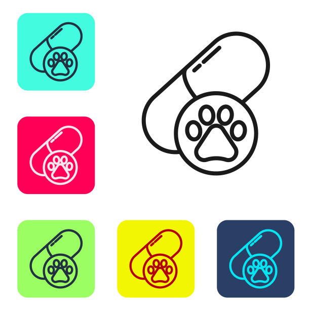 黑色线狗药丸图标孤立在白色背景。给动物用的处方药。设置图标的颜色方形按钮。向量图片下载