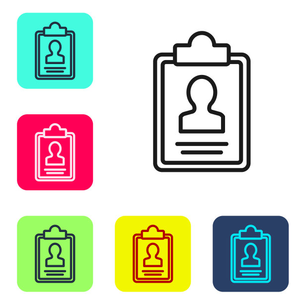 黑线剪贴板与简历图标隔离在白色背景。简历的应用程序。个人简历，职位申请表，附个人头像。设置图标为彩色方框按钮。向量图片下载