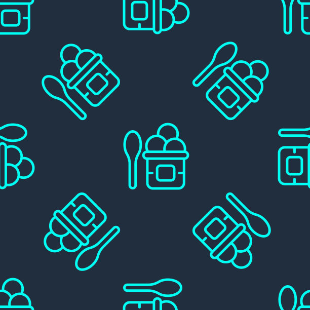 绿线冰淇淋在碗和勺子图标孤立无缝模式上的蓝色背景。甜蜜的象征。向量图片下载