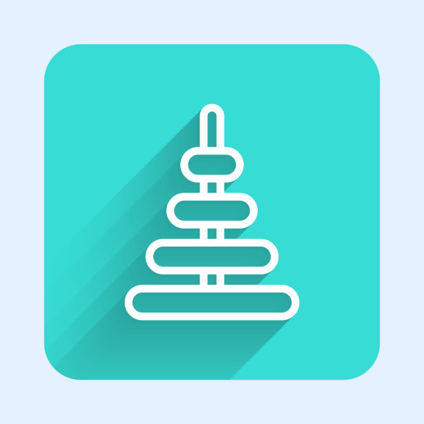 白线金字塔玩具图标孤立与长影子。绿色广场按钮。向量图片下载