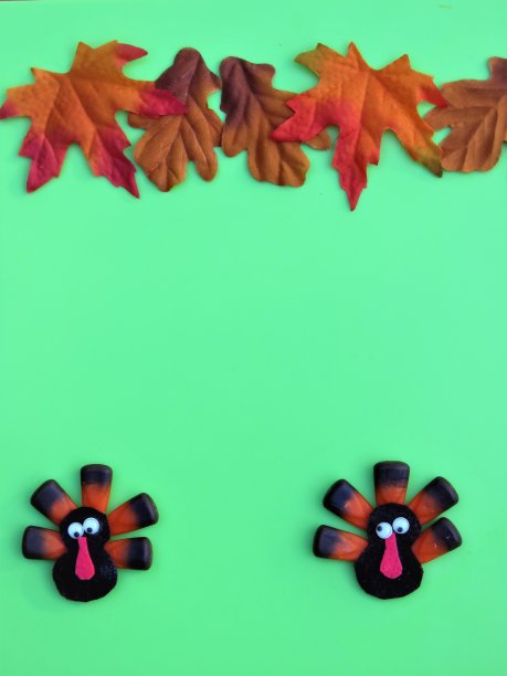 用玉米糖、纺织工艺制作的火鸡。复制空间的文本。图片下载