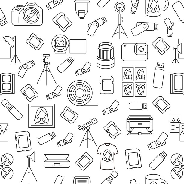 无缝模式与照片设备和配件平面线图标打印商店或复制中心。图片下载