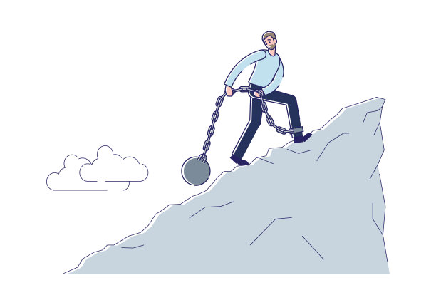带着沉重负担的铁链商人向上移动。金融危机、债务和破产的概念图片下载