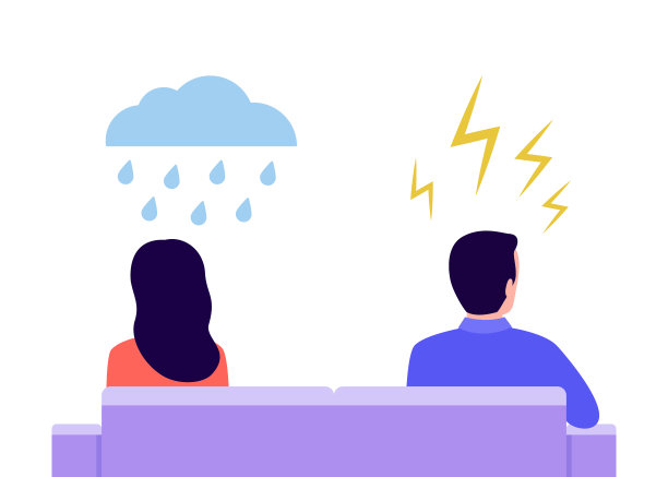 生气的男人和生气的女人在吵架。一对夫妇背靠背坐着。伴侣关系中的问题，误解，冲突。丈夫和妻子吵架。离婚的概念，危机。矢量平面图片下载