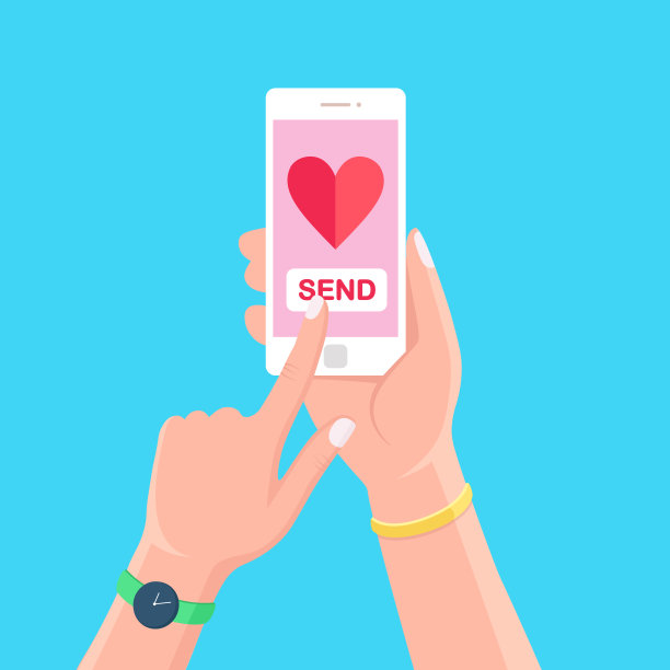 情人节说明。用手机发送或接收爱情短信、信件、电子邮件。白色手机与红心图标在手孤立的背景。矢量平面设计图片下载