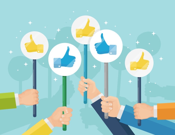 一群竖起大拇指的商业人士。社交媒体。好的意见。客户评价，反馈，客户评论的概念。矢量平面设计图片下载