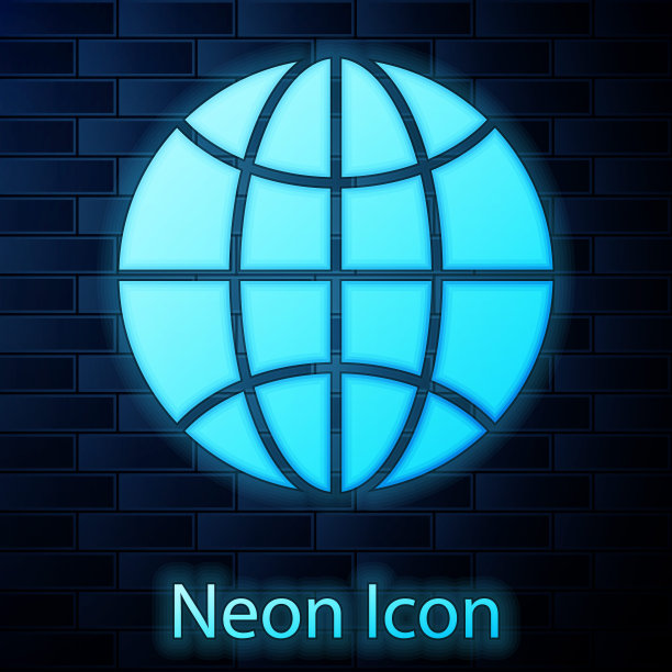 发光的霓虹灯全球图标隔离在砖墙背景。别上地球仪。矢量图图片下载