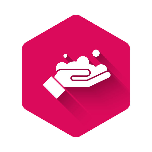 白色洗手用肥皂图标孤立与长影子。用肥皂洗手可以预防病毒和细菌。粉红色的六角按钮。矢量图图片下载