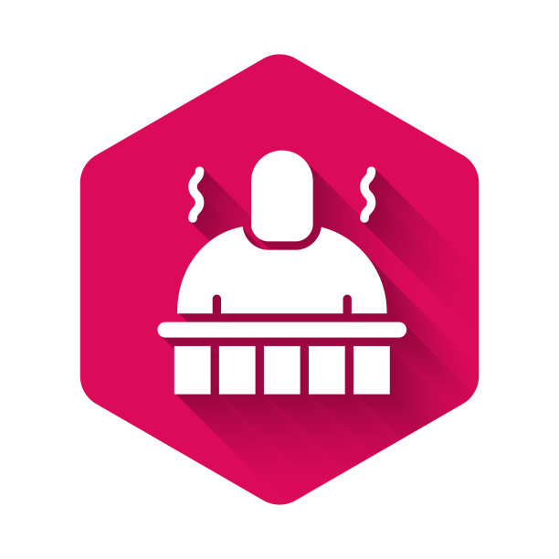 白色桑拿和水疗程序图标与长阴影隔离。放松身体护理和治疗，芳香疗法和健康。粉色六角形按钮。向量图片下载