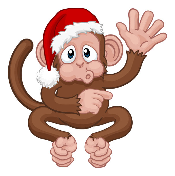 圣诞猴卡通人物在圣诞帽图片下载