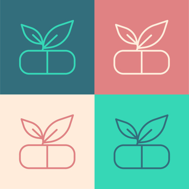 波普艺术线药用药丸与植物图标孤立的颜色背景。中药药丸。向量图片下载