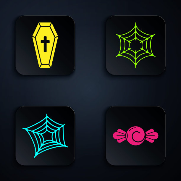 糖果，棺材与基督教十字架，蜘蛛网和蜘蛛网。黑色方形按钮。向量图片下载