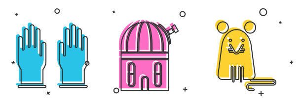 设置橡胶手套，天文台和老鼠图标。向量图片下载