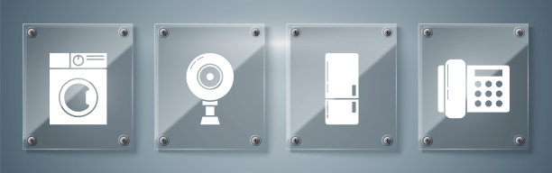 设置电话，冰箱，网络摄像头和洗衣机。方形玻璃面板。向量图片下载