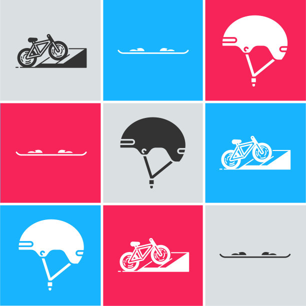 设置自行车在街道匝道，滑雪板和头盔图标。向量图片下载