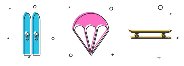 设置滑雪和棍棒，降落伞和滑板图标。向量图片下载