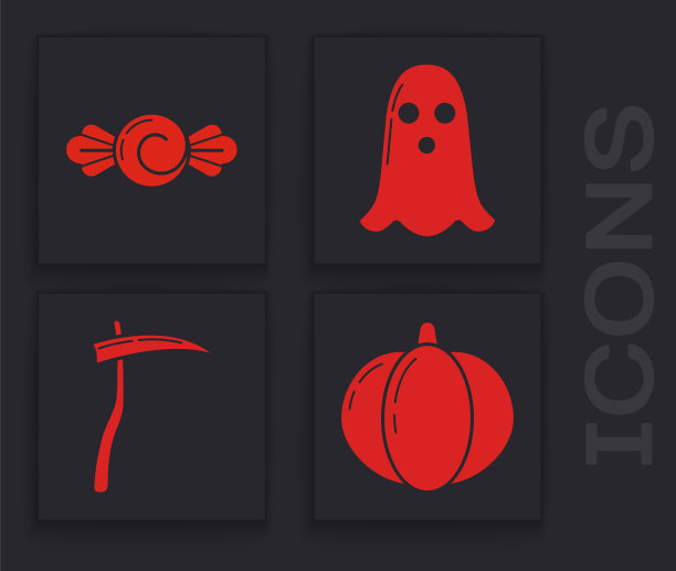 万圣节南瓜、糖果、幽灵和镰刀图标矢量素材图片下载