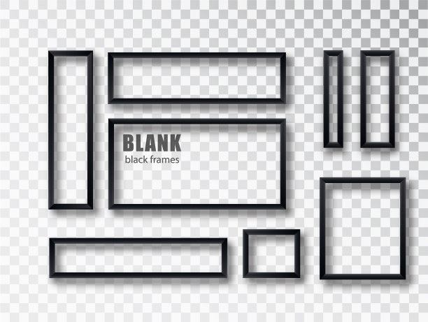黑色现实的空画框上透明的背景。空白黑色画框模型模板隔离。矢量插图。图片下载