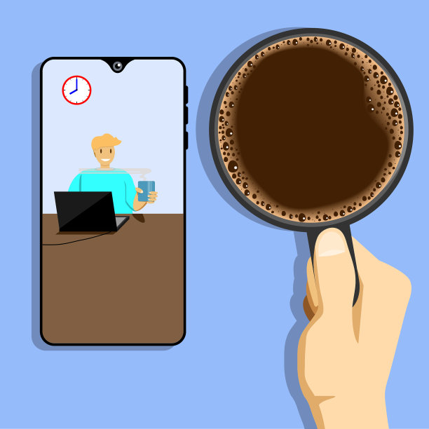 由于保持社交距离，可以通过视频电话和同事或朋友喝咖啡来问候。图片下载